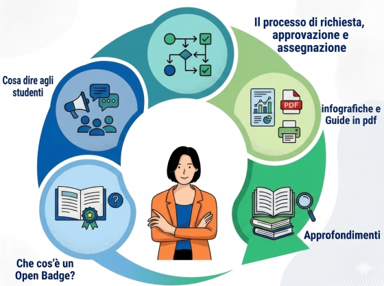 infografica che spiega i contenuti della sezione: Cosa dire agli studenti; processo di richiesta, approvazione e assegnazione;Infografiche e Guide in pdf; Approfondimenti; che cos'è un open badge;
